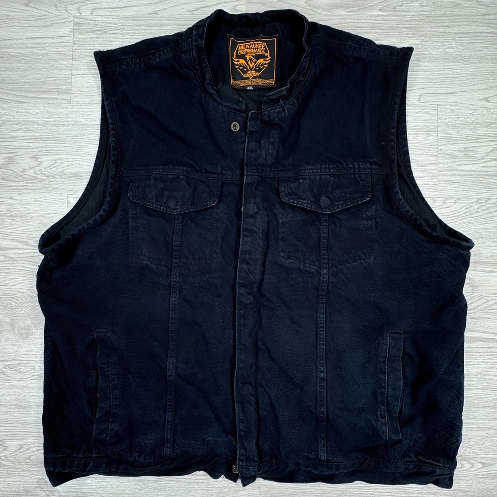 Milwaukee Performance Mens Vest Denim Motorcycle Biker Black Size 4XL Mesh Lined